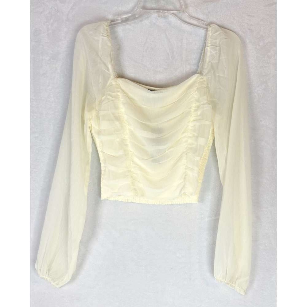 Lulus Cream Ruched Sheer Crop Top M Romantic Cottagecore Long Sleeve Stretch NWT